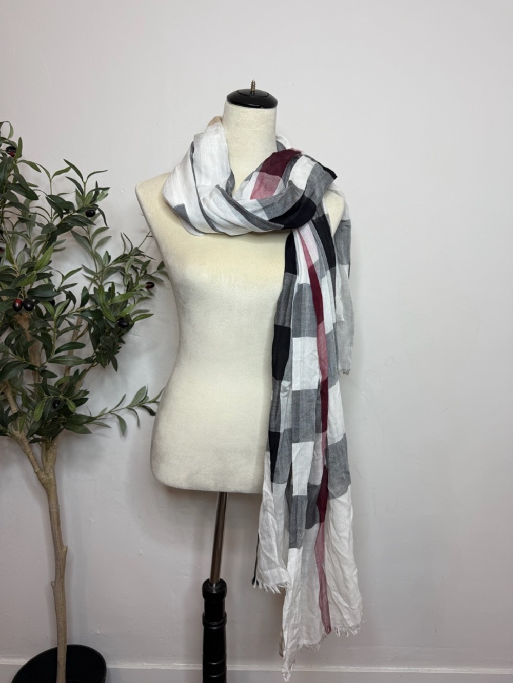 Burberry Black, White & Gray Checked Scarf